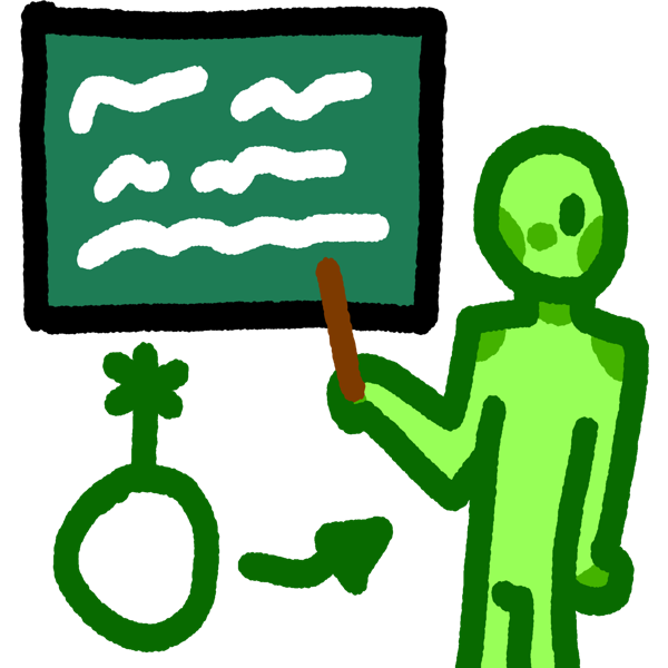 A simple light green person on holding a brown stick with their left hand and holding it up to a dark blueish green chalkboard with white scribbles on it. There is a green circle with a horizontal line coming from the top with an X at the tip of the line/non-binary symbol under the chalkboard with a green arrow pointing to the green person.